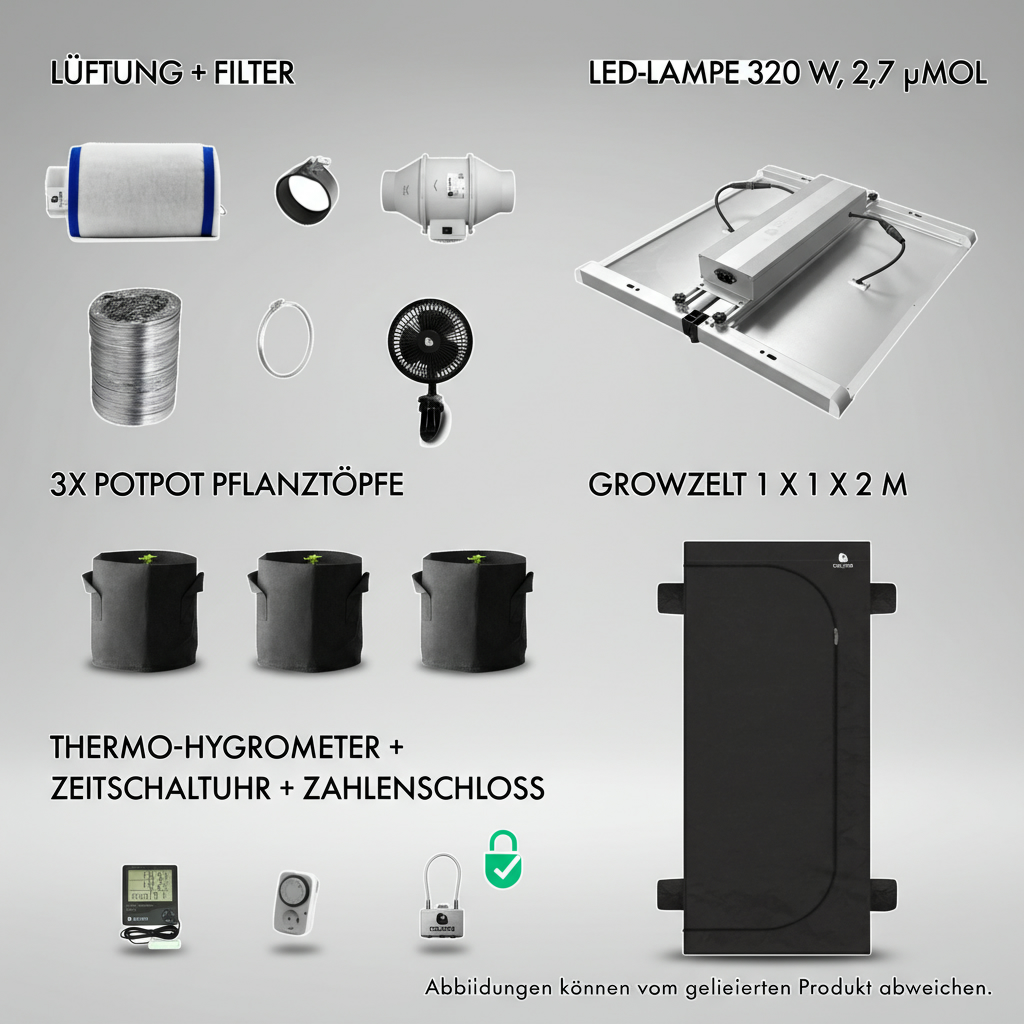 Caluma Growset L (100 × 100 cm, 320 W) – inkl. Prima Klima Abluftset Temperatur